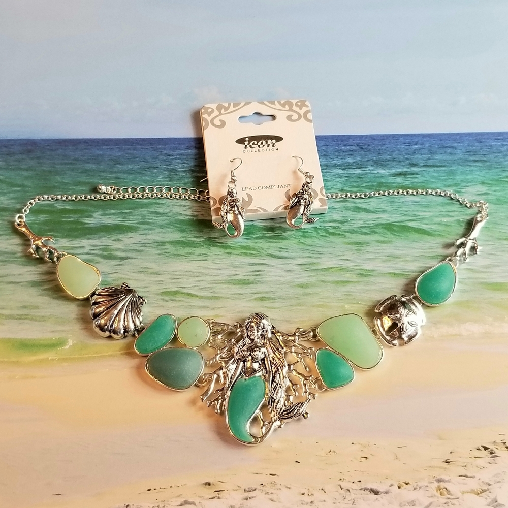 Silver Mermaid Sea Glass Necklace & Earring Set